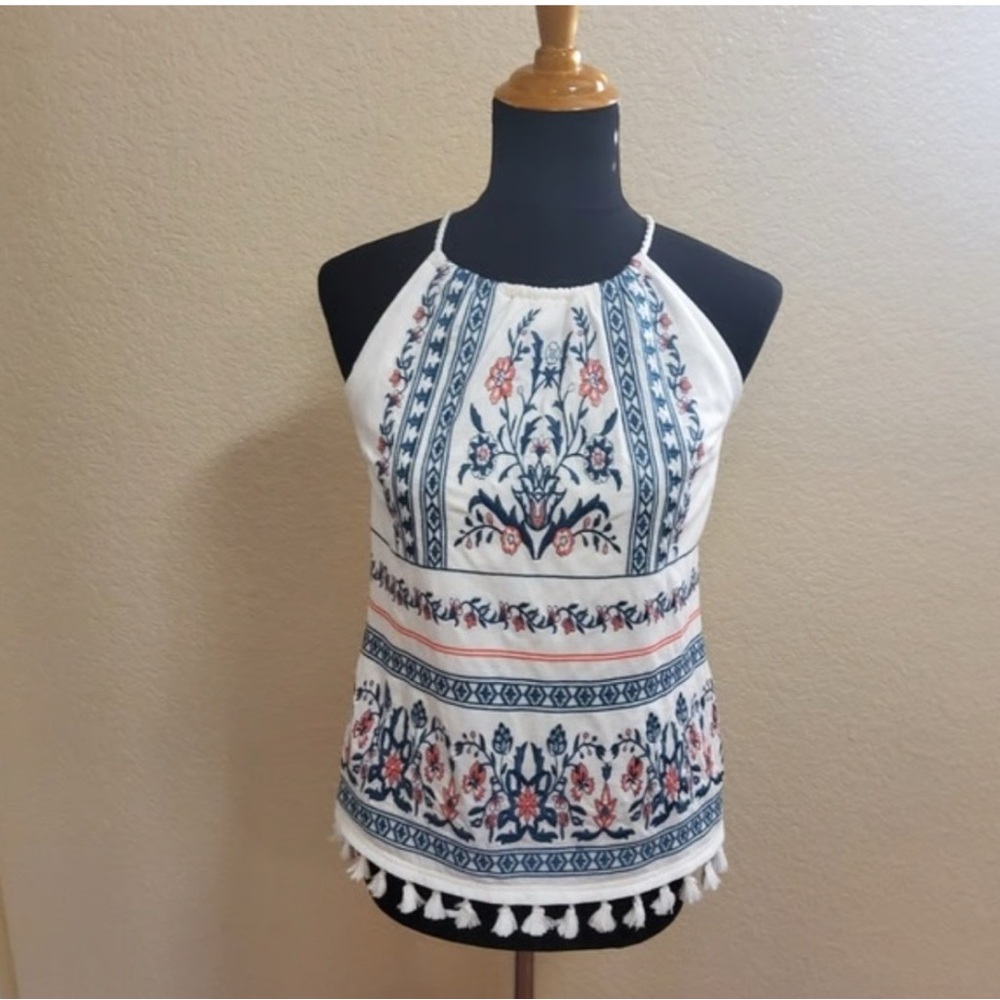 NEW Floral Embroidered Halter Top - White, Pink and Blue XS